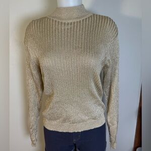 Vintage Talbots Ribbed Sweater Medium Gold Shimmer Metallic Knit MockNeck Top